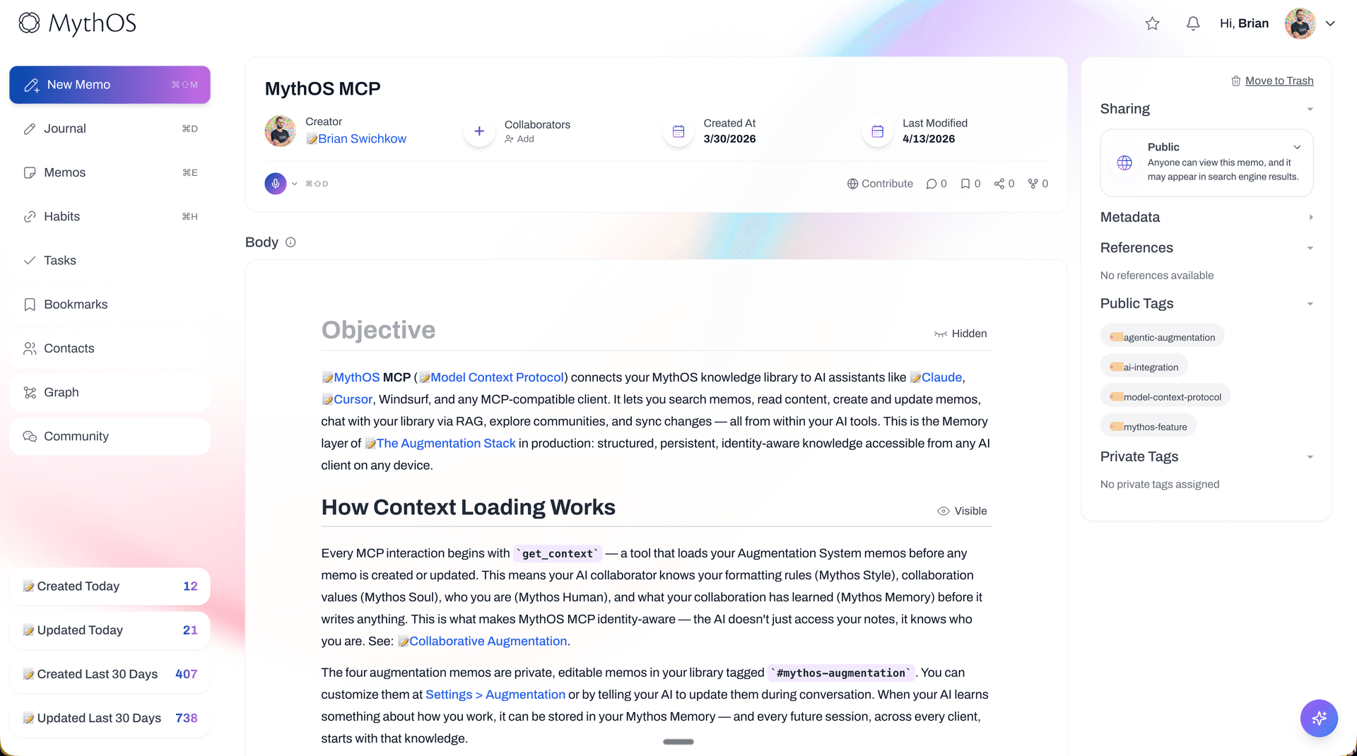 MythOS memo with hashtag chips and mention links